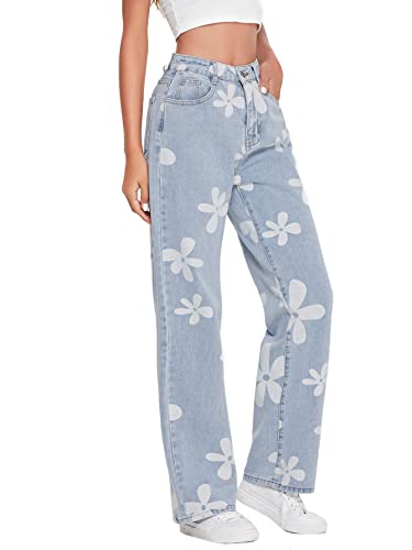 Makemechic Women's Floral Print High Waist Wide Leg Jeans Long Denim Pants Light Wash L #TOP2
