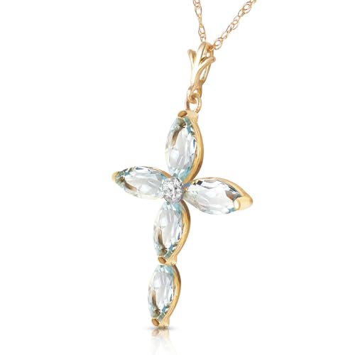 Galaxy Gold GG 9K Solid Yellow Gold Cross Pendant Necklace, 1.08 ctw Aquamarine, 0.02 ctw Diamond, 1.13 inches2