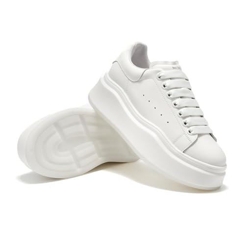 BEAU TODAY Platform White Sneakers for Women, Womens Leather Casual Tennis Shoes, Chunky Fashion Cute Comfortable Lace-up Slip-on Dress Sneakers