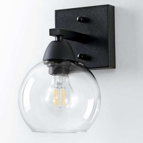 Ruibutrade Bathroom Light Fixtures 1-Light Matte Black Vanity Light with Hand-Blown Globe Glass Shade High Clarity & Durable Wall Sconce for Mirror Kitchen Bedroom Hallway