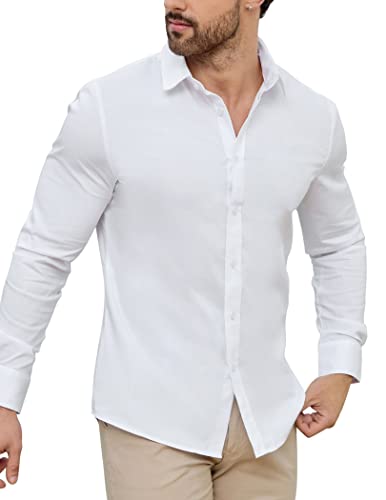 Zaful Men's Casual Cotton White Button Down Shirts Long Sleeve Stretch Wrinkle-Free Dress Shirt #TOP2