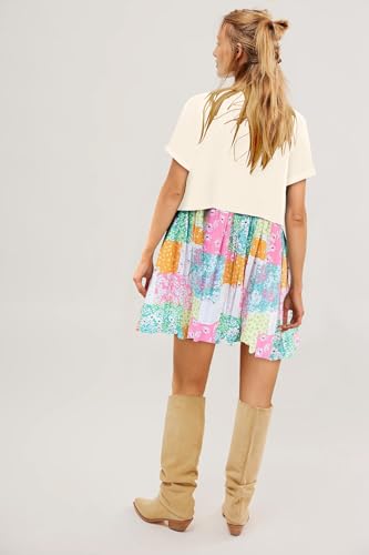 Image of SAUKOLE Womens Summer Crew Neck Short Sleeve Dress Patchwork Pleated A Line Beach Mini Dress