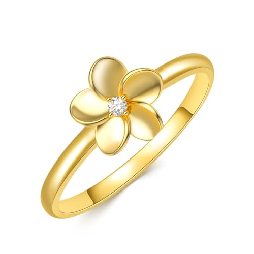 Personalized 10K 14K 18K Solid Solid Gold Natural Diamond Hawaiian Plumeria Flower Ring for Women, Real Gold Flower Ring Engagement Rings Wedding Band Ring Anniversary Rings for Her, Wife,Mom
