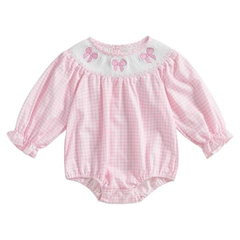 Lamuusaa Newborn Baby Girl Clothes Long Sleeve Smocked Romper Bow Embroidery Plaid Bodysuit Shirts Fall Outfits 0-18M (Pink, 3-6 Months) Cover