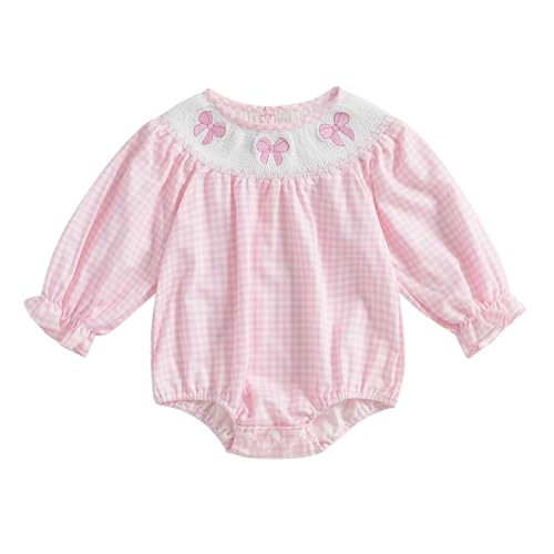 Newborn Infant Baby Girl Bubble Romper Bow Embroidery Plaid Puff Long Sleeve Smocked Bodysuit Cute Fall Clothes