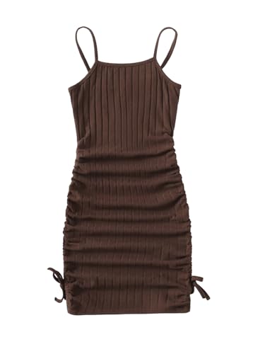 SOLY HUX Girl's Spaghetti Strap Ribbed Knit Drawstring Side Ruched Bodycon Cami Dress