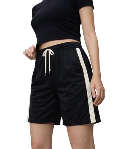 Image of Mack Jonney Women Cotton Knee Length Shorts | Soft Breathable Fabric | Elastic Waist with Drawstring | Side Stripe Casual Gym Workout Shorts for Women