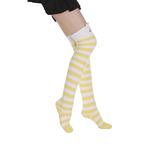 Image of Thigh High Fuzzy Socks Cute Animal Coral Fleece Over the Knee Thigh High Long Stockings Warm Stripe