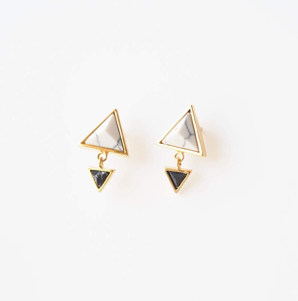 White and Black Simulated Howlite Double Triangle Minimal Dangle Stud Earrings - Image 2