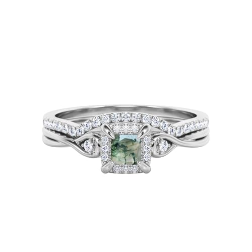 Natural Moss Agate Wedding Ring Set for Women 925 Sterling Silver 10K 14K 18K Gold Bridal Ring Set with 1CT Princess Cut Moss Agate Halo Engagement Ring Set for Women
