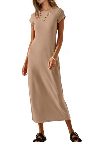 MEROKEETY Women's 2026 Summer Casual Tshirt Dress Short Sleeve Crew Neck Beach Long Maxi Dresses, Sand, S