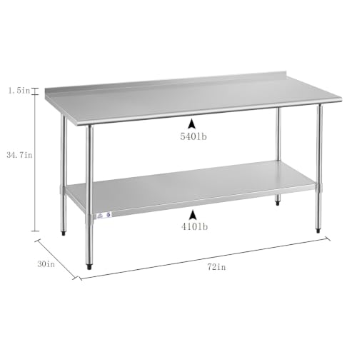 Image of ROCKPOINT Stainless Steel Table for Prep & Work with Backsplash 30x72 Inches, NSF Metal Commercial Kitchen Heavy Duty Table with Adjustable Under Shelf and Table Foot for Restaurant, Home and Hotel