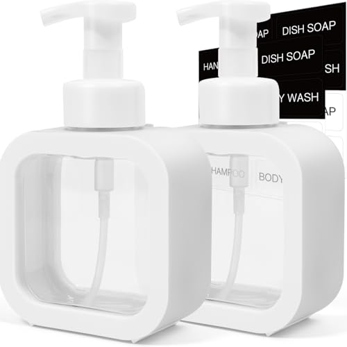 Image of Foaming Soap Dispenser, 2 Pack 300ml (10oz) Plastic Refillable Foaming Hand Soap Dispenser with 16 Pcs Waterproof Labels, Foam Pump Bottle for Bathroom and Kitchen (White)