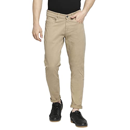 Image of Spykar Men Mid Rise Camel Cotton Slim Fit Tapered Length Trousers