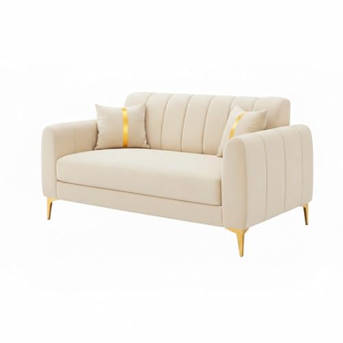 Image of Hermione Luxe Velvet-Suede Fabric 3 Seater + 2 Seater Sofa Set | Golden Legs | Comfortable & Spacious Seating | Modern Sofa Set for Living Room - Cream