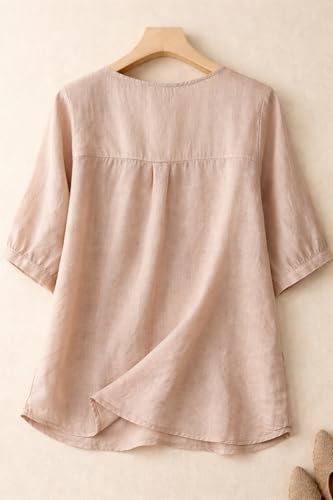 Image of RIEKA Womens Elegant Beige Floral Embroidered Tunic Top with Scalloped V Neck, Elbow Length Sleeves, Relaxed Fit, Lightweight, Casual Ethnic Style Top