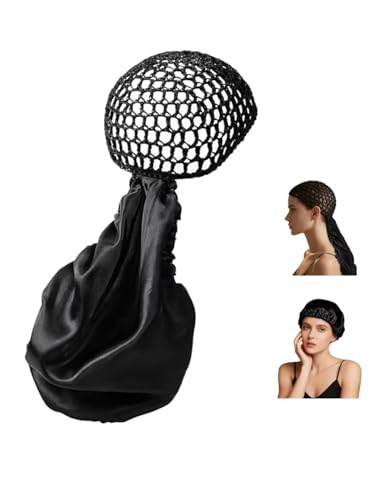 2 in 1 Wrap Cap Bonnet Adjustable Hair Wrap Net & Scarf for Silk Press Extra Long Hair Bonnet Wrap Cap for Curly & Braided Black