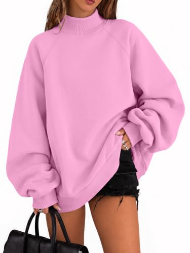 Trendy Queen Moletons femininos grandes com gola redonda e bolsos, rosa, P | Roupa fashion de outono, roupas de inverno de lã, blusa casual de trabalho, pulôver básico de lounge, manga raglã 2026