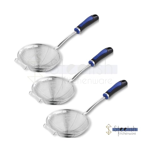 Image of Stainless Steel Jhara for Frying Big Size | Deep Fry Mesh Skimmer Spoon for Frying | Wire Skimmer, Puri Strainer, Cooking Oil Strainer for Kitchen, Durable Long Blue Handle - 16CM, Pack of 3