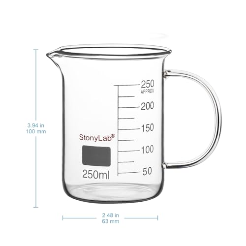 Image of stonylab Glass Beaker with Handle, Borosilicate Glass Graduated Low Form Griffin Beaker with Handle and Pouring Spout, 250 ml