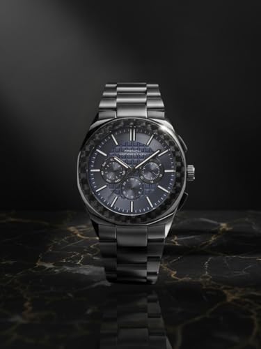 Image of French Connection Textured Blue Round Dial with IP Gun Stainless Steel Metal Strap Multifunction Watch - for Mens FCH27GNM