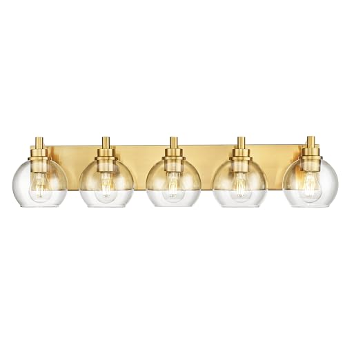 Image of Bathroom Light Fixtures, 5 Light Brushed Gold Vanity Light, 32 Inch Modern Wall Sconces with Globe Clear Glass Shade, Vanity Lighting Fixtures Over Mirror, VL195-BG-CL-5