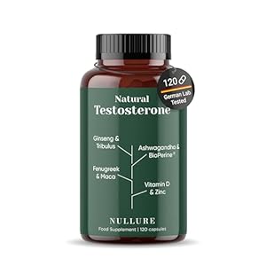 Natuurlijke Testosteron Booster Nullure | Veganistisch | Verbetert de Prestaties en het Libido | Ashwagandha + Maca + Tribulus Terrestris + Ginseng + Zink + Vitamine D + Fenegriek | 120 capsules