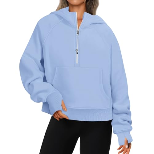 Half Zip Pullover Women Fleece Thumb Hole Cropped Hoodie Y2k Raglan Quarter Zipped Hooded Sweatshirt with Pockets2