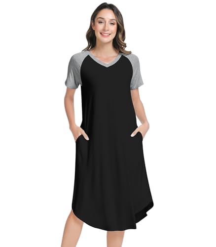 Image of NACHILA Women's Nightgowns-Viscose Made from Bamboo, Soft Sleepshirt Short Sleeve Nightshirt V Neck Sleepwear Cool Loungewear