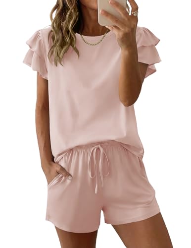 Image of Ekouaer Womens Pajama Sets 2 Piece Ruffle Sleeves Top and Shorts Pjs | Soft Sleepwear Cute Loungewear Set with Pockets for Sleep, Lounge, Wedding, Party, Bridal