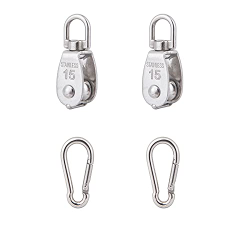 2Pcs 304 Stainless Steel M15 Single Pulley Block Wire Rope Hanging Wire Towing Wheel with 2Pcs Spring Snap Hook