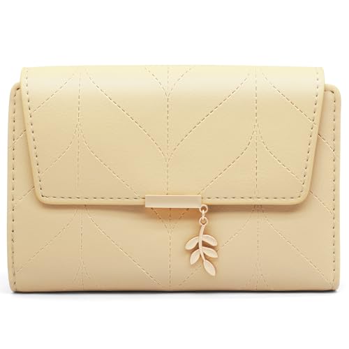 Women's Bifold Vegan Leather Wallet RFID Blocking with Leaf Pendant, Compact Card Holder Organizer, Zipper Coin Pocket, ID Window, Multi Card Slots (peach yellow)