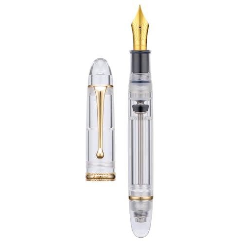 Asvine V800 Fountain Pen - Vacuum Filling System with Large Ink Capacity - Smooth Number 8 Fine Nib with Gift Case and Wrench - Clear Gold Acrylic