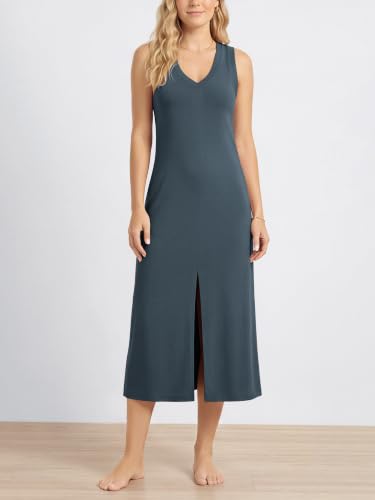 Image of ODODOS Modal Soft Front Split Midi Dress for Women, V Neck Sleeveless Casual Summer Tank Dress