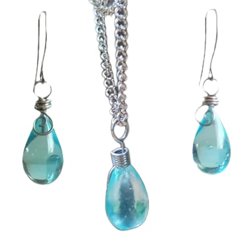 Recycled Glass ，Water droplet Earrings Necklace，Handmade Drop Earrings，Beach Jewelry Inspirational Gifts for Women, Mom, Sister