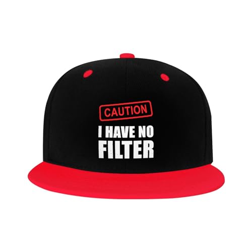 Caution I Have No Filter Flat Brim Hat Boys Girls Fashion Hip Hop Style Contrast Color Flat Bill Hat Red2