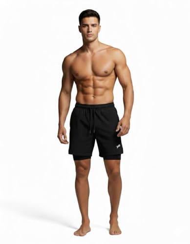 Image of JUST RIDER Men's 2-in-1 Gym Shorts with Inner Compression Tights | Quick Dry Running & Workout Shorts | Stretchable Sports Shorts for Training, Jogging & Fitness