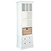Sunset Trading Cottage 79 Tall Storage Cabinet Fully Assembled Freestanding 14 Narrow Bookshelf 6 Shelves 2 Drawers Rattan Basket Distressed White Solid Mahogany Wood