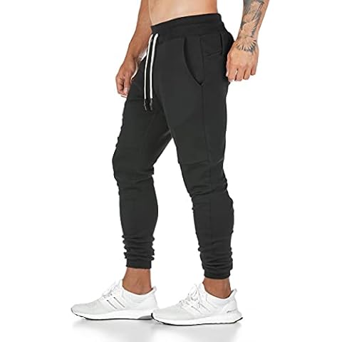 JEPOZRA Pantalones de chándal para hombre, algodón, bolsillos y banda elástica, Negro, XL Cover