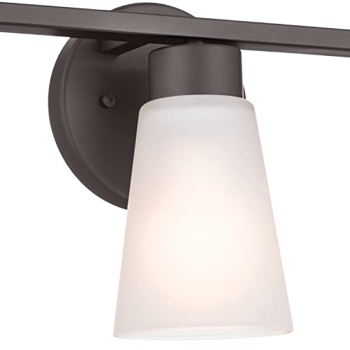 Image of Kichler Stamos 3-Light Bathroom Vanity Light Fixture with Satin Etched Glass Shades, 22 in Modern Wall Light in Olde Bronze for over Mirror (22 in x 5 in x 8 in), 45887NI