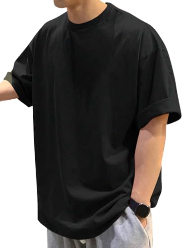 Tomwell Herren T-Shirt Oversize Fit Kurzarm Sommer Oberteil mit Rundhals Weit Geschnittenes Lang Tee Einfarbig Basic T Shirts Männer Longshirt Vintage Streetwear Sport Tops A Schwarz XXL