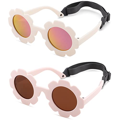 Image of Bouryo Flexible Baby Polarized Flower Sunglasses with Strap Bendable Frame for Infant Boys Girls Ages 0-24 Months