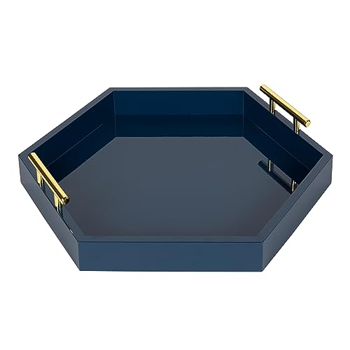 Image of Kate and Laurel Lipton Hexagon Decorative Tray with Polished Metal Handles, Navy Blue and Gold
