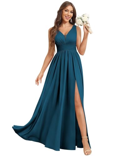 Chiffon Bridesmaid Dresses for Women Ruched V Neck Long Evening Party Dress with Side Slit