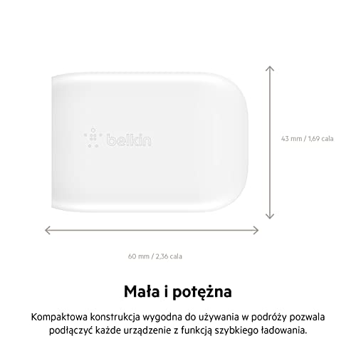Belkin Ładowarka sieciowa 30 W USB C z PPS, szybkie ładowanie PD 3.0 (certyfikat USB-IF) dla urządzeń iPhone 16, 15, Plus, Pro, Pro Max, Samsung Galaxy S24, iPad, AirPods, MacBook Air, Pixel i innych