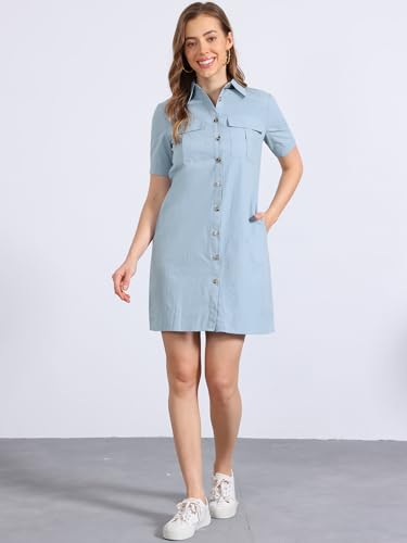 Image of Allegra K Women's Safari Dress Collared Short Sleeve Cotton Belted Button Down Shirt Dresses