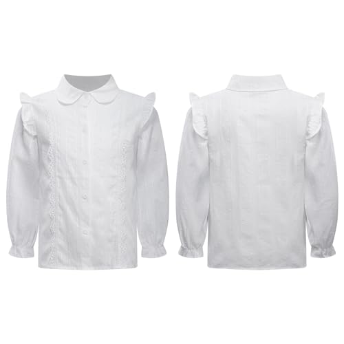 YiZYiF Girls' Long Sleeve Button Down Shirt Cotton Oxford Blouse Tops Kids School Uniform Ruffle Dress Shirts