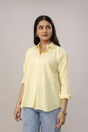 Image of Women's Linen Blend Shirt | Casual Collared Button Down Shirt for Women | Solid Color Full Sleeve Oversized Fit | Summer Casual & Office Wear Top