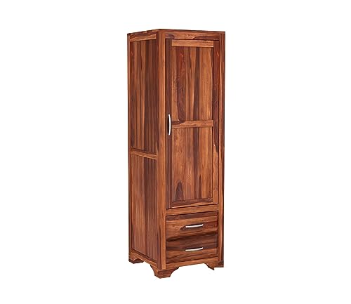 Image of Sheesham Wood Wooden Single Door Wardrobe Organizer for Clothes | - Solid Wood Almirah with 2 Drawers, 2 Shelves with Hanging Space - Cupboard for Large Bedroom (Design 30)