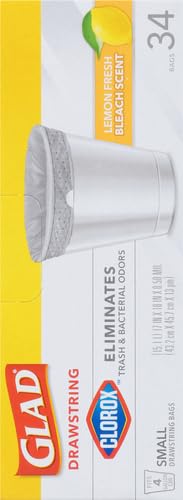Image of Glad Small Drawstring Trash Bags with Clorox, 4 Gal, Lemon Fresh Bleach, 34 Ct (Package May Vary) (Pack of 6)